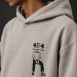 404 page not found embroidery design closeup on grey hoodie
