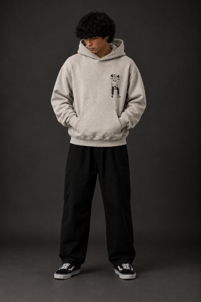 Ombrellia oatmeal grey oversized hoodie front view with 404 page not found embroidery
