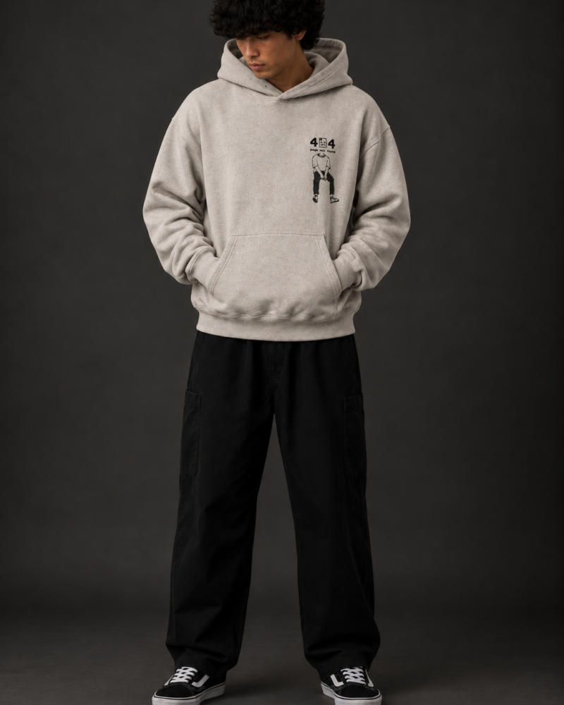 Ombrellia oatmeal grey oversized hoodie front view with 404 page not found embroidery