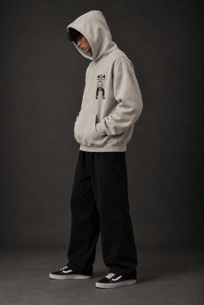 Ombrellia oversized hoodie side angle styled with black cargo pants