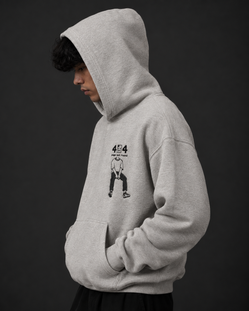 Ombrellia oatmeal grey hoodie hood up side profile