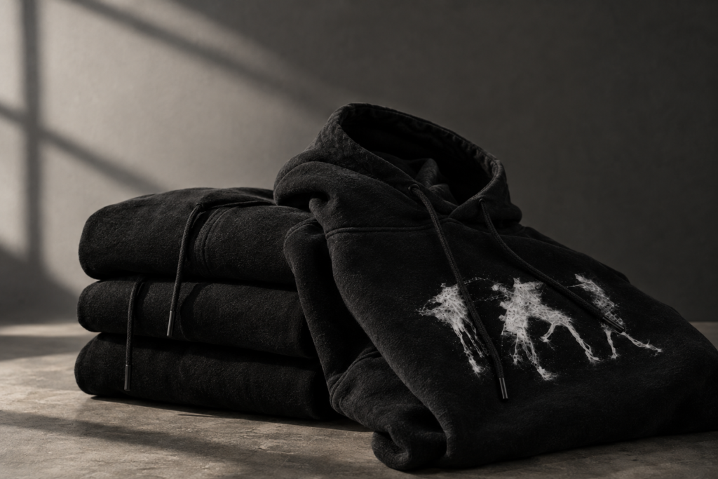 Stack of premium black heavyweight hoodies with one hoodie slightly unfolded, revealing a white smoky abstract three-figure graphic, photographed on a concrete surface with dramatic natural light and deep shadows.