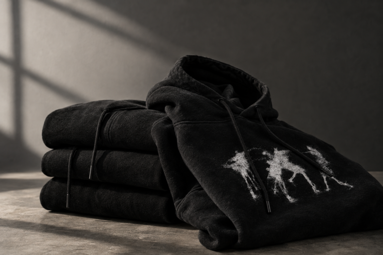 Stack of premium black heavyweight hoodies with one hoodie slightly unfolded, revealing a white smoky abstract three-figure graphic, photographed on a concrete surface with dramatic natural light and deep shadows.
