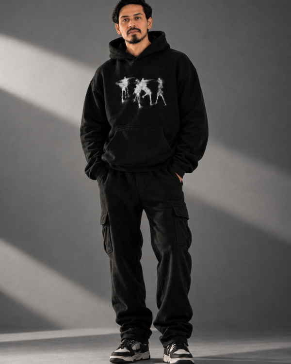 Black graphic print hoodie - Ombrellia Phantom Drift oversized streetwear hoodie